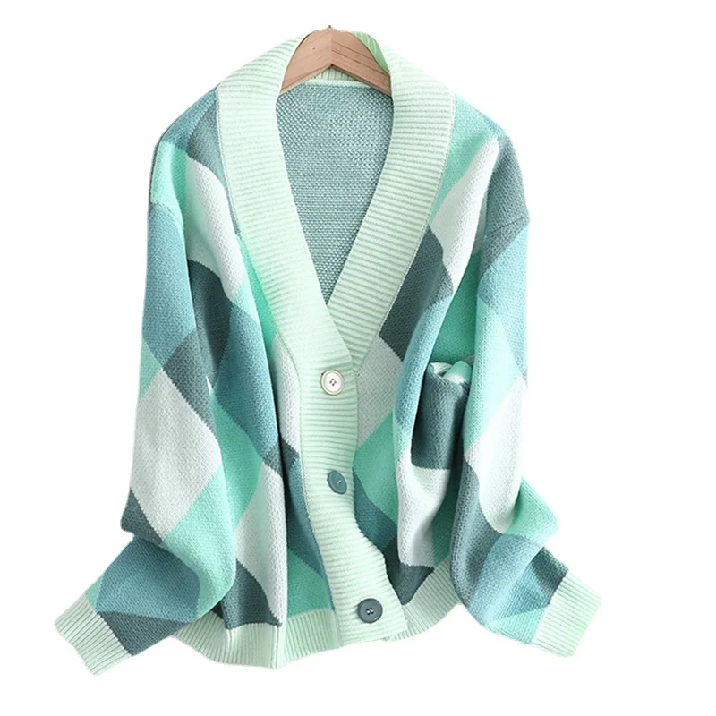 

2021 V Neck Knit Oversize Female Cardigan Winter Argyle Single-Breasted Women's Sweater coat Autumn Loose Knit Cardigan Jacket