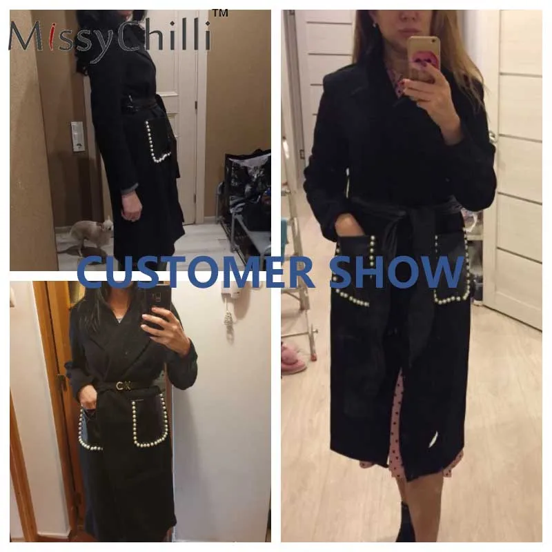 Женское пальто с поясом MissyChilli черное элегантное из искусственной кожи длинными