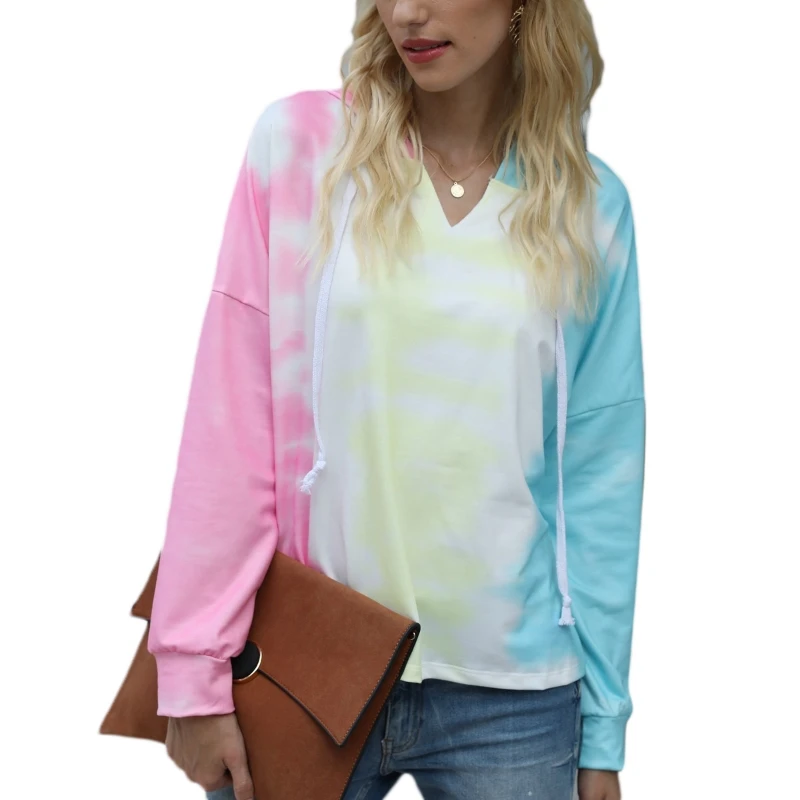 

Women Tie-Dye Colorblock Drawstring Hoodies Long Sleeve Loose V-Neck Sweatshirt