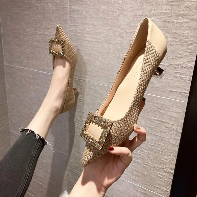 

2020 Luxury Women Low 5cm High Heels Weave Pumps Scarpins Female Sexy Slim Plaid Checkered Heels Prom Party Exotic Dancer Shoes