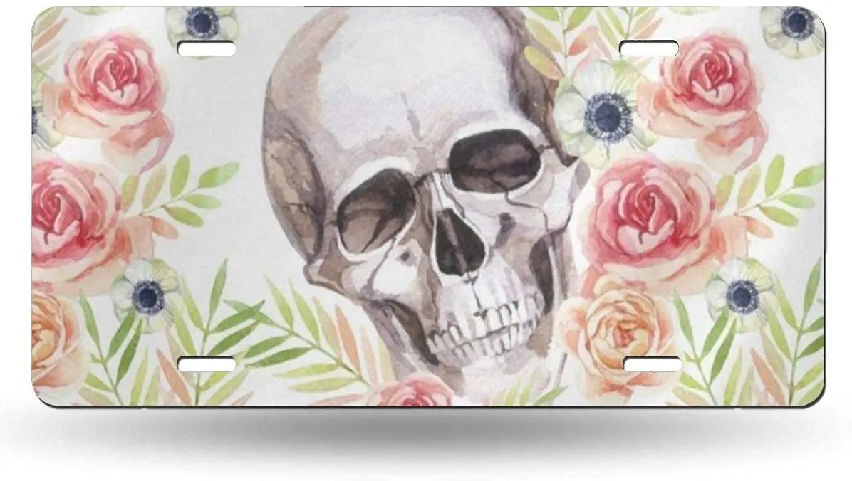 

yunsu Watercolor Floral Sugar Skull Roses License Plate,car Decor Personalise Tag,Novelty Car Front License Plate Metal Aluminum
