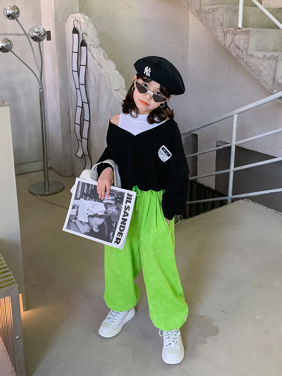 

Children's clothing 2021 spring new girls pullover trendy fan long-sleeved girl's color matching fake two-piece top