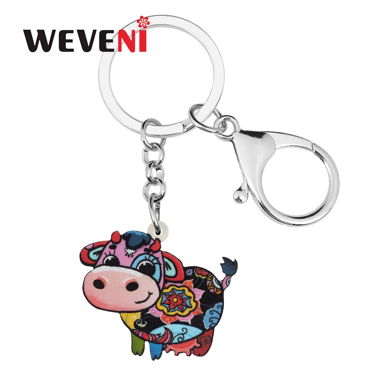 

WEVENI Acrylic Cartoon Floral Cute Cattle Cow Keychains Ring Fashion Purse Backpack Car Key Chain Charms Jewelry For Women Girls