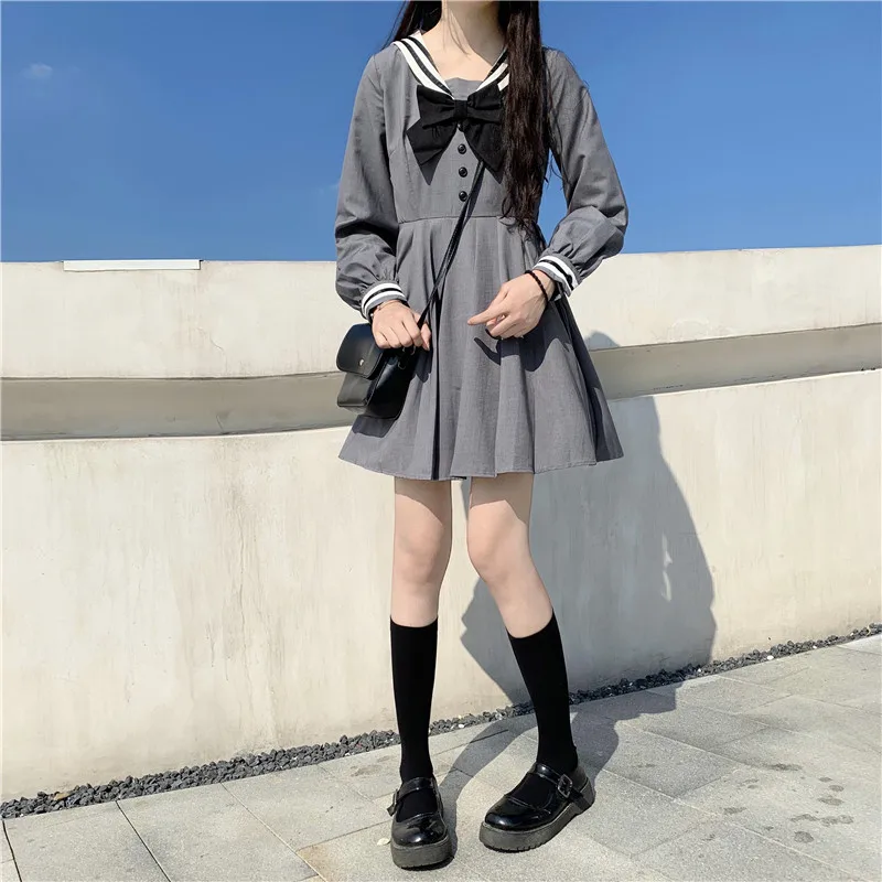 

Japanese College Style Women Dress Sweet Girl Sailor Collar Bow Kawaii Short Puff Sleeve Dresses Vintage Pleated Splice Dress