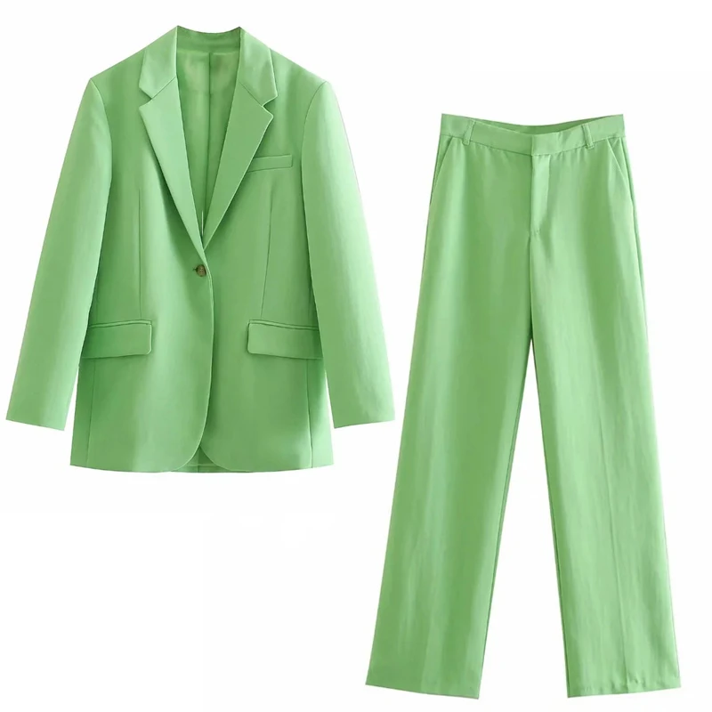 

TRAF Set Woman 2 Pieces Chic Pant Suits Za 2021 Green Oversize Blazer Women Sets High Waist Trouser Suits Summer Office Sets