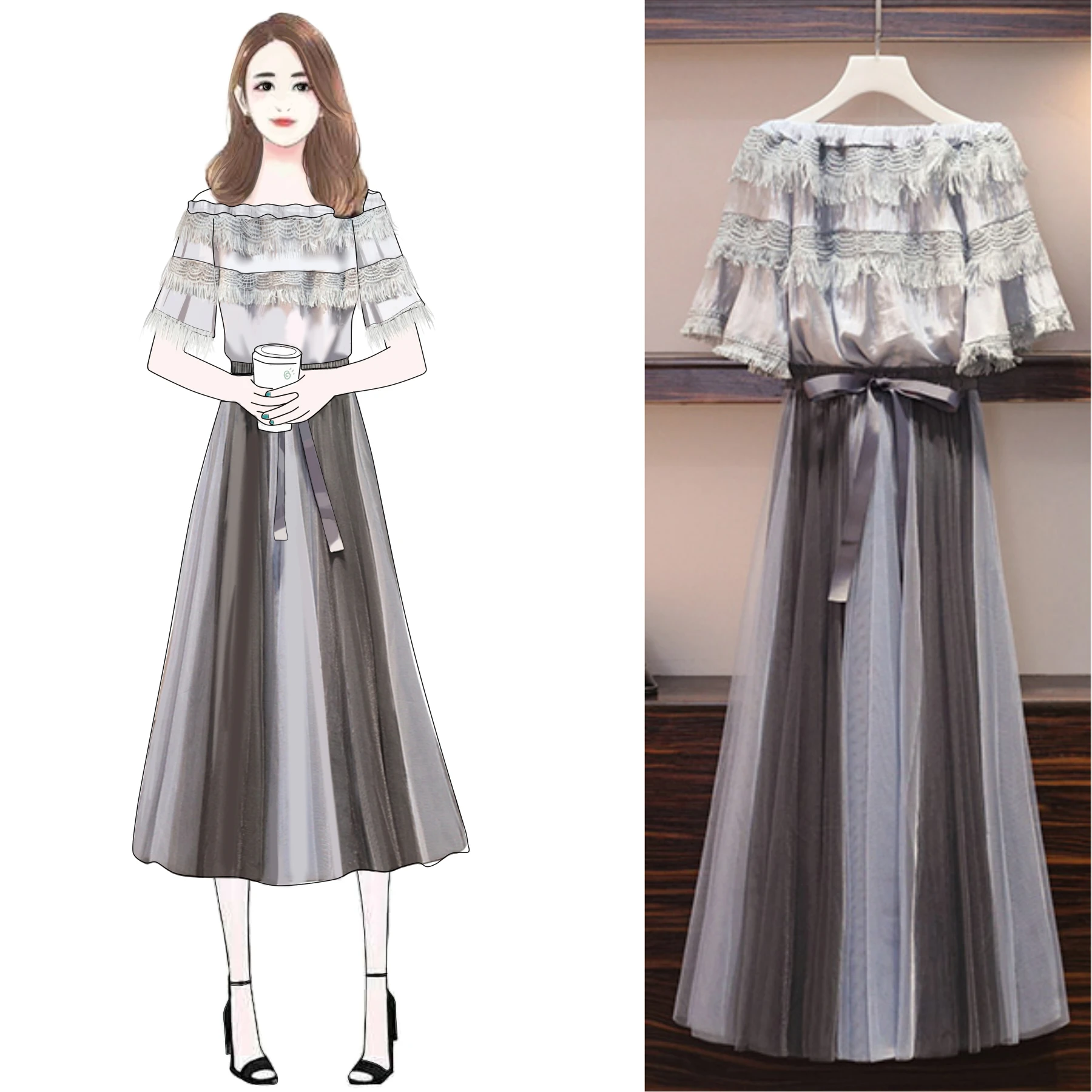 Фактическое летнее платье новый стиль жир мм ПЛЕЧО бахромой кружевная куртка +