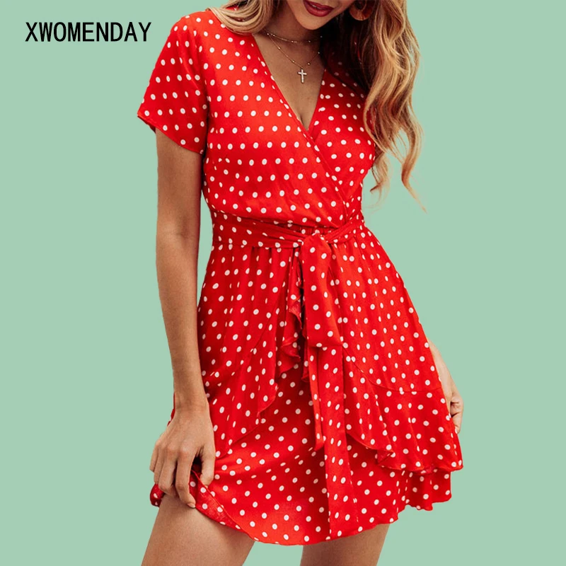 Женское платье мини красное кружевное плиссированное короткое Пляжное