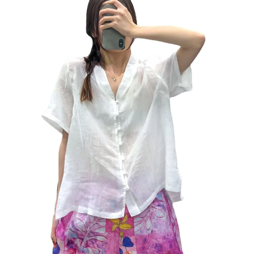 

2021 summer new style art style women's short-sleeved loose shirt retro casual cotton linen women's cardigan button shirt