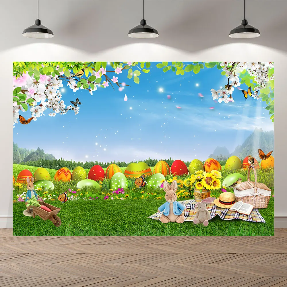 

Thin Vinyl Easter Rabbit Meadow Flowers Eggs Children Photo Spring Backdrops Printed professional Photographic Studio Background