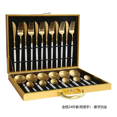 24pcs with giftbox Черный золотой набор столовых приборов 24 столовых приборов набор 18/10 из нержавеющей стали столовая вилка и нож белый золотой набор столовых приборов розовый с деревянной подарочной коробкой - Цвет: 24pcs with giftbox