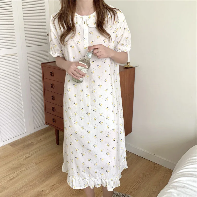 2021 Summer New Lovely Pure Cotton Loose Idyllic Little Flower Nightdress Women's Sweet Lotus Leaf Home Clothes Nightgown