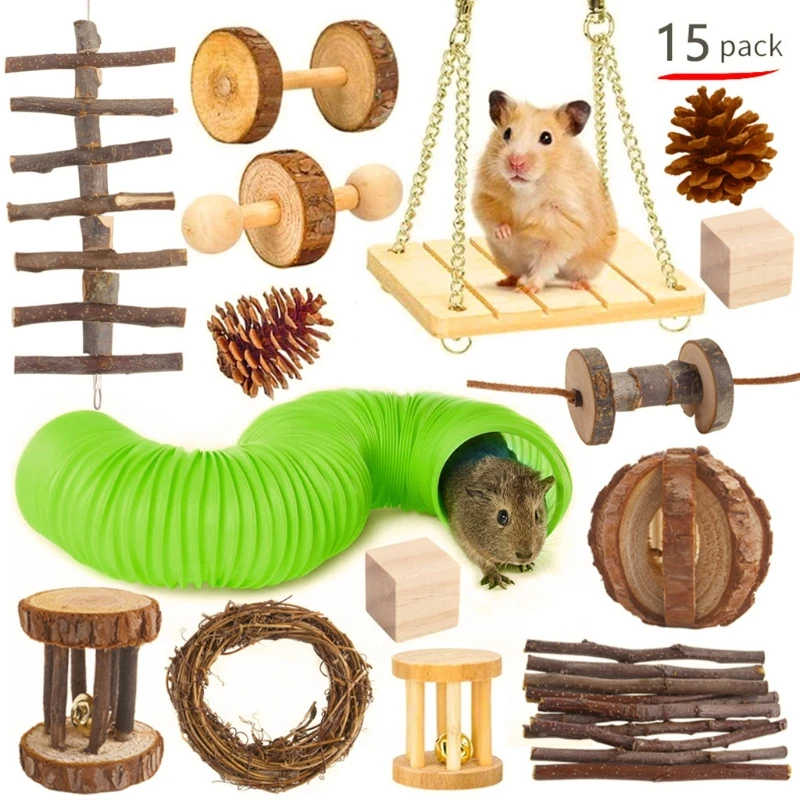 

9/10/11/15 Bunny Chew Toys Rabbit Plastic Tunnel Twigs Wood Ladder Swing Pine Cones Blocks Circle for Rabbit Chinchilla Chipmunk