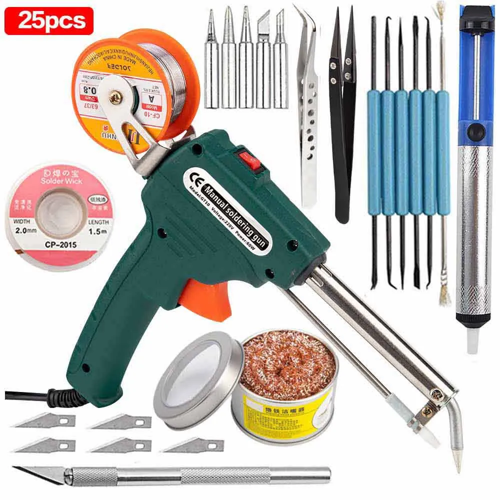 25pcs 60W 110V/220V Tin Electric Soldering Iron Kit Automatic Send Tin Gun Electric Solder Station Tip Sucker Wire Welding Tools - Цвет: 25pcs