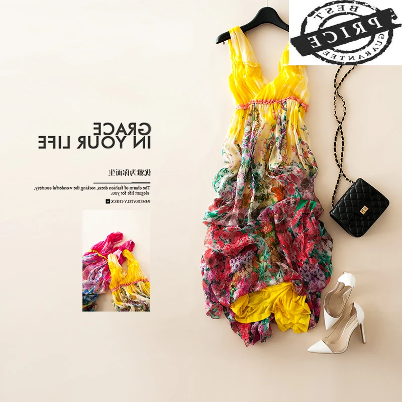 

Dress Real Silk Women Summer Boho Vintage Sexy Maxi Vestidos Elegant Ladies Print Beach Party Dresses Ropa Mujer LW2aa3