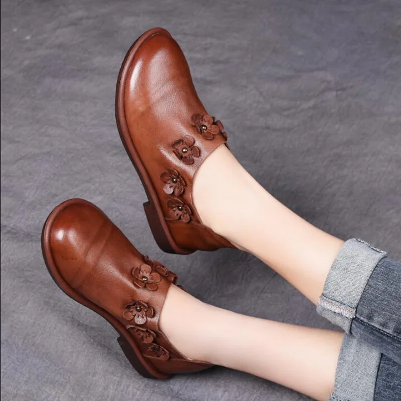 2020 New Women Flat Shoes Round Toe Slip-On Handmade Shoes Woman Genuine Leather Singles Shoes Women Loafers