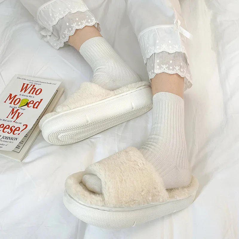 Thick-Soled Solid Color Plush Women's Slippers Summer Wear Ins Tide Net Red Home Indoor Cute Cotton Slippers Autumn And Winter