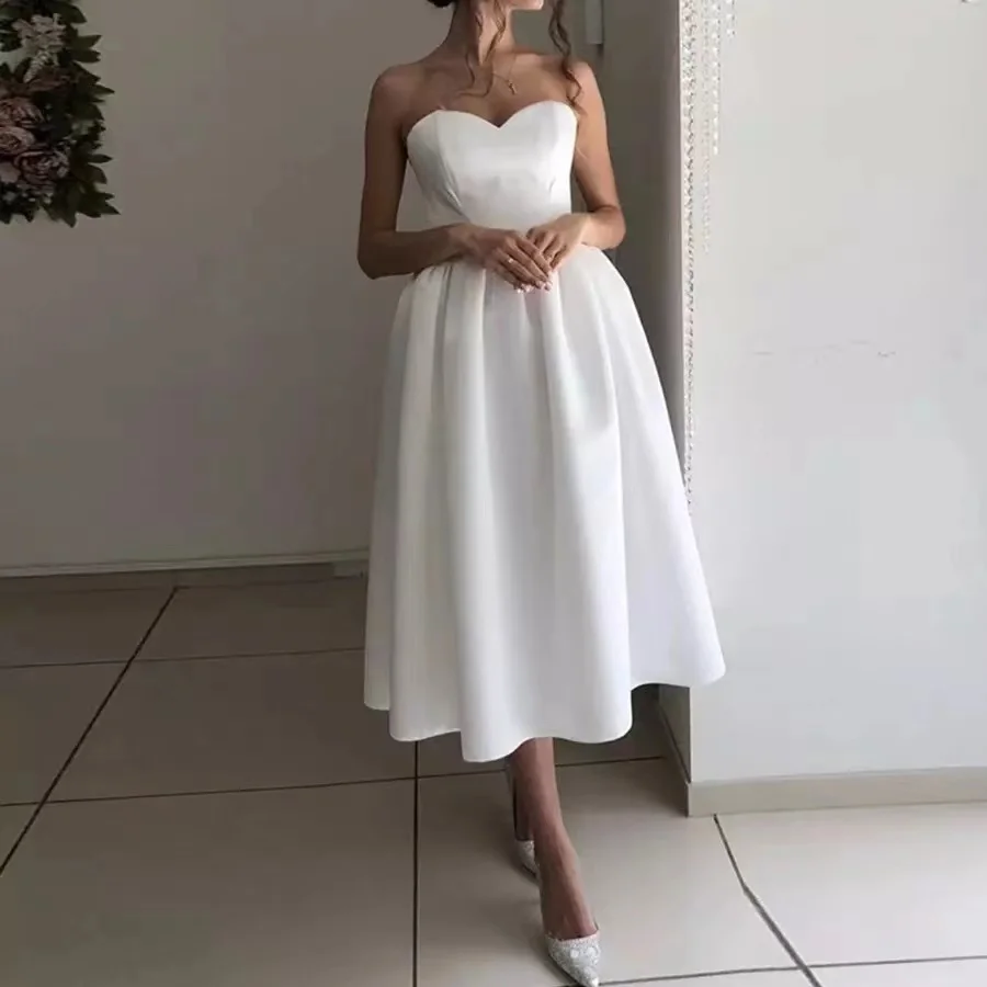 

Simple Short Satin Wedding Dress Sweetheart Sleeveless Backless A Line Bridal Dress Custom Plus Size