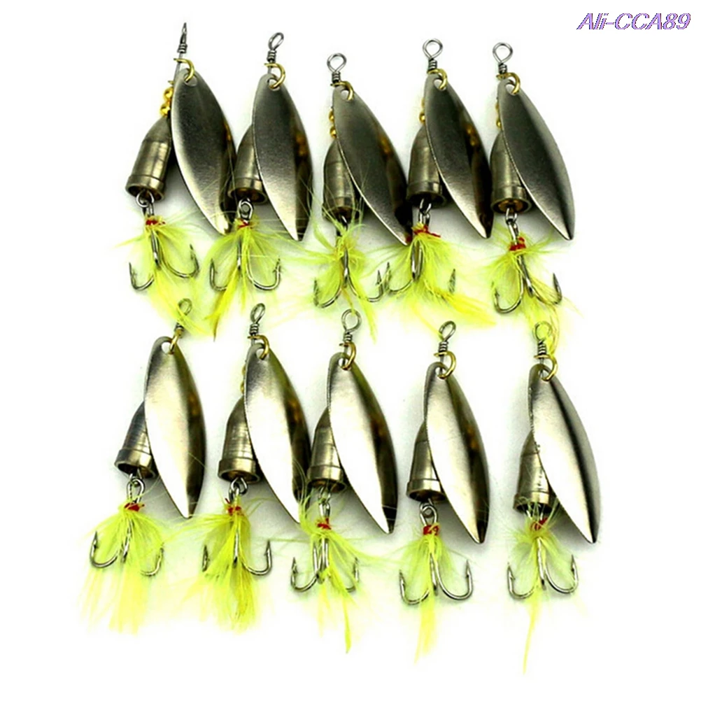 

10 шт./партия искуственные многоцветные металлические блесны рыболовные приманки рыболовные, украшенный желтыми перьями