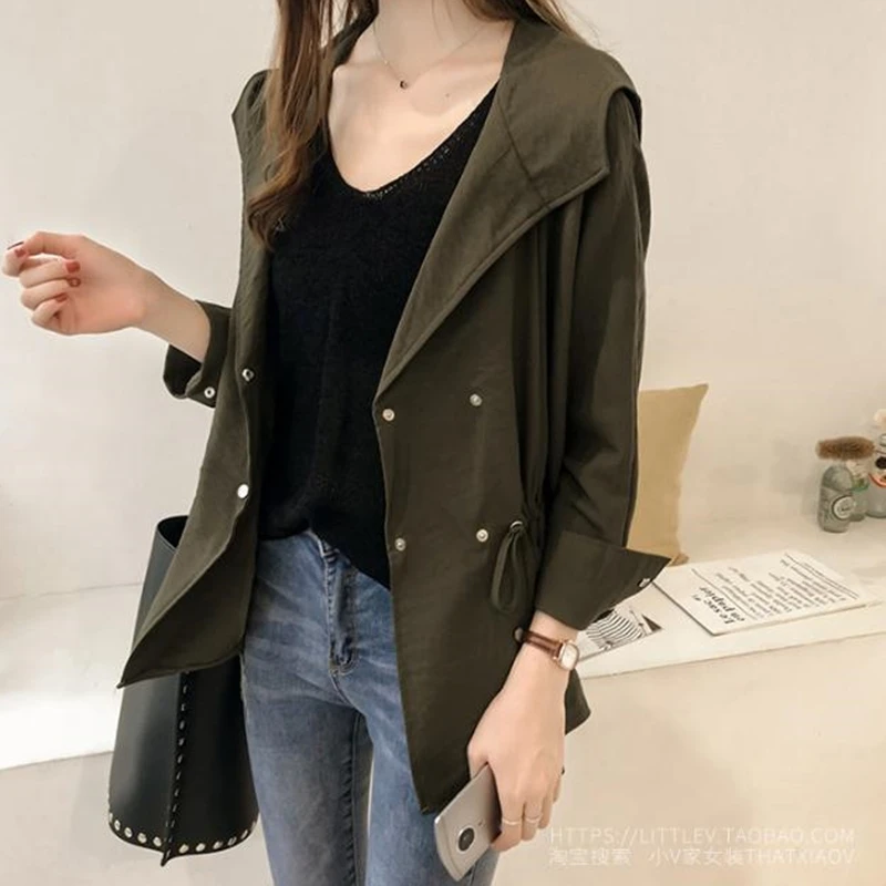 

2021 Spring Autumn Women New Style Windbreaker Loose Hooded Trench Coat Mid-length Casual Long-sleeved Cardigan Coats wl016