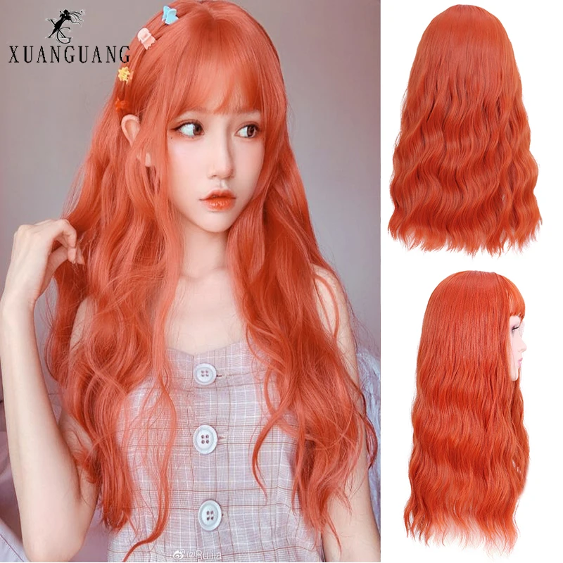 Female wig with bangs synthetic orange hair heat-resistant long curly braided | Synthetic Wigs(For White)