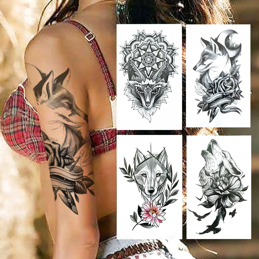 

Black Wolf Temporary Tattoos For Women Men 3D Mandala Henna Lion Tattoo Sticker Daisy Rose Flower Bird Leaf Tatoo Body Art Waist
