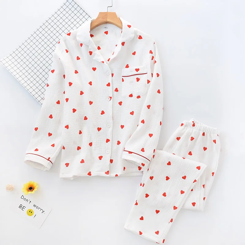 

New Ladies Pajamas Set Spring Autumn Home Clothes Cute Cotton Gauze Sleepwear Home