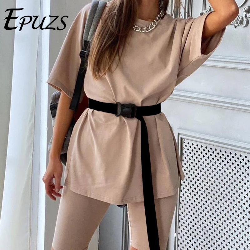 

Sexy belt womens two piece sets summer tracksuit women 2 piece sweatsuit loose shirts and biker shorts casual women sets