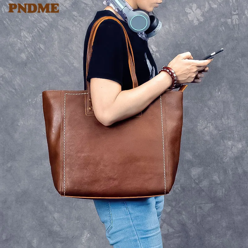 PNDME fashion vintage high quality genuine leather men's tote bag cowhide large capacity handbag luxury big laptop shoulder bag
