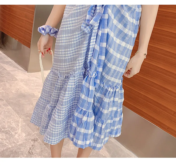 

Maternity dress 2021 Summer V- Neck short sleeve dress for pregnant women pregnancy plaid drawstring clothes