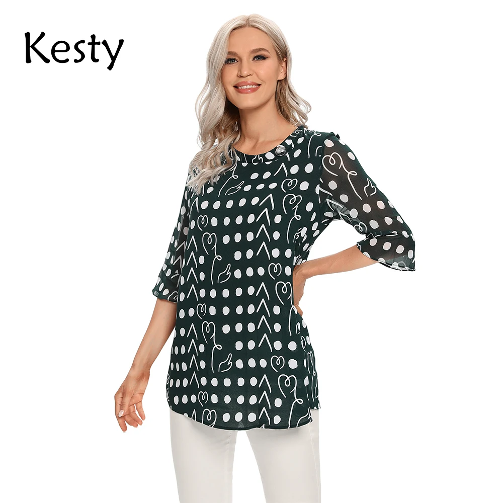 

KESTY Women's Plus Size T-shirt Chiffon Shirt Polyester Print Polka Dot T-shirt 3/4 Sleeve Round Neck Casual Breathable Top