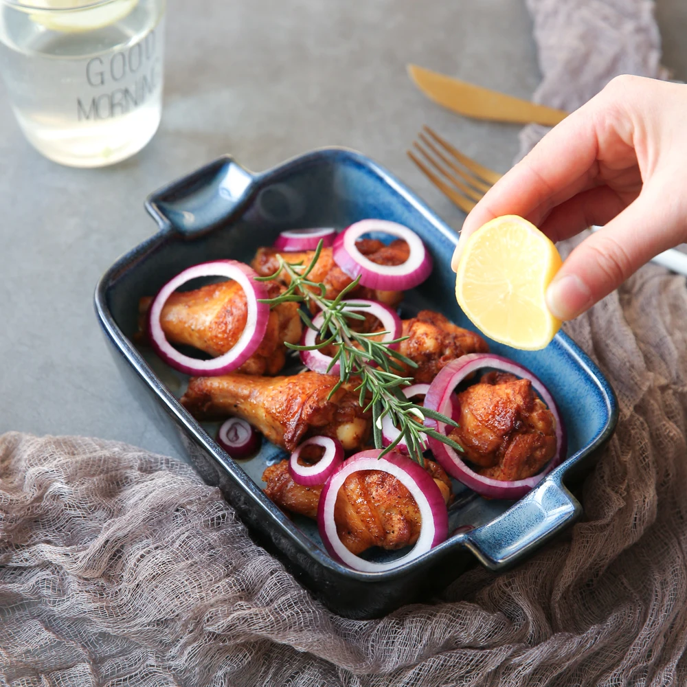 

Starry Blue Kiln Glazed Binaural Ceramic Baking Pan Western Restaurant Rectangle Baking Tableware Cheese Risotto Plate