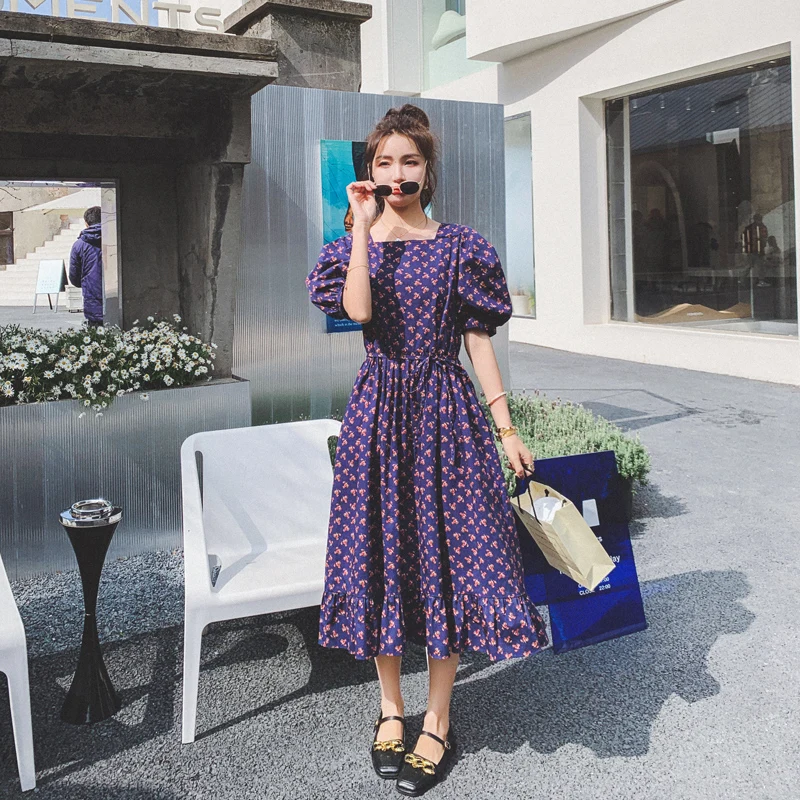 

Women's Summer Dress Dark Blue French Puff Sleeve Long Skirt Female Korean Quality Ruffle Square Collar Ladies Fashion Dresses