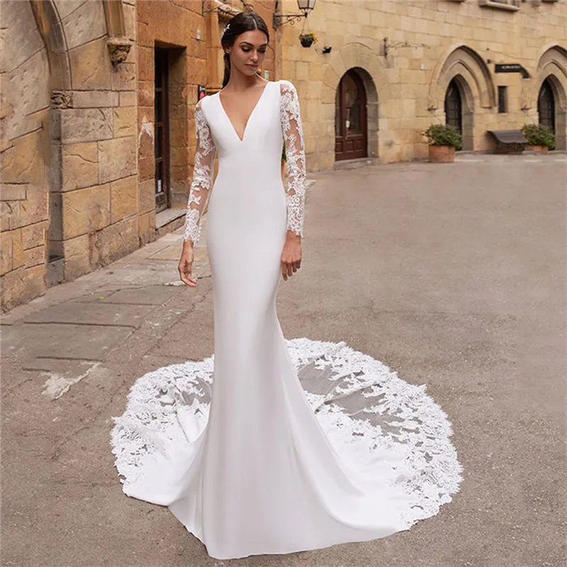 

V-Neck Long Sleeves Natural Slim Mermaid Wedding Dresses Custom Chapel Train Fashion White Bridal Gowns Vestidos De Mariage Robe
