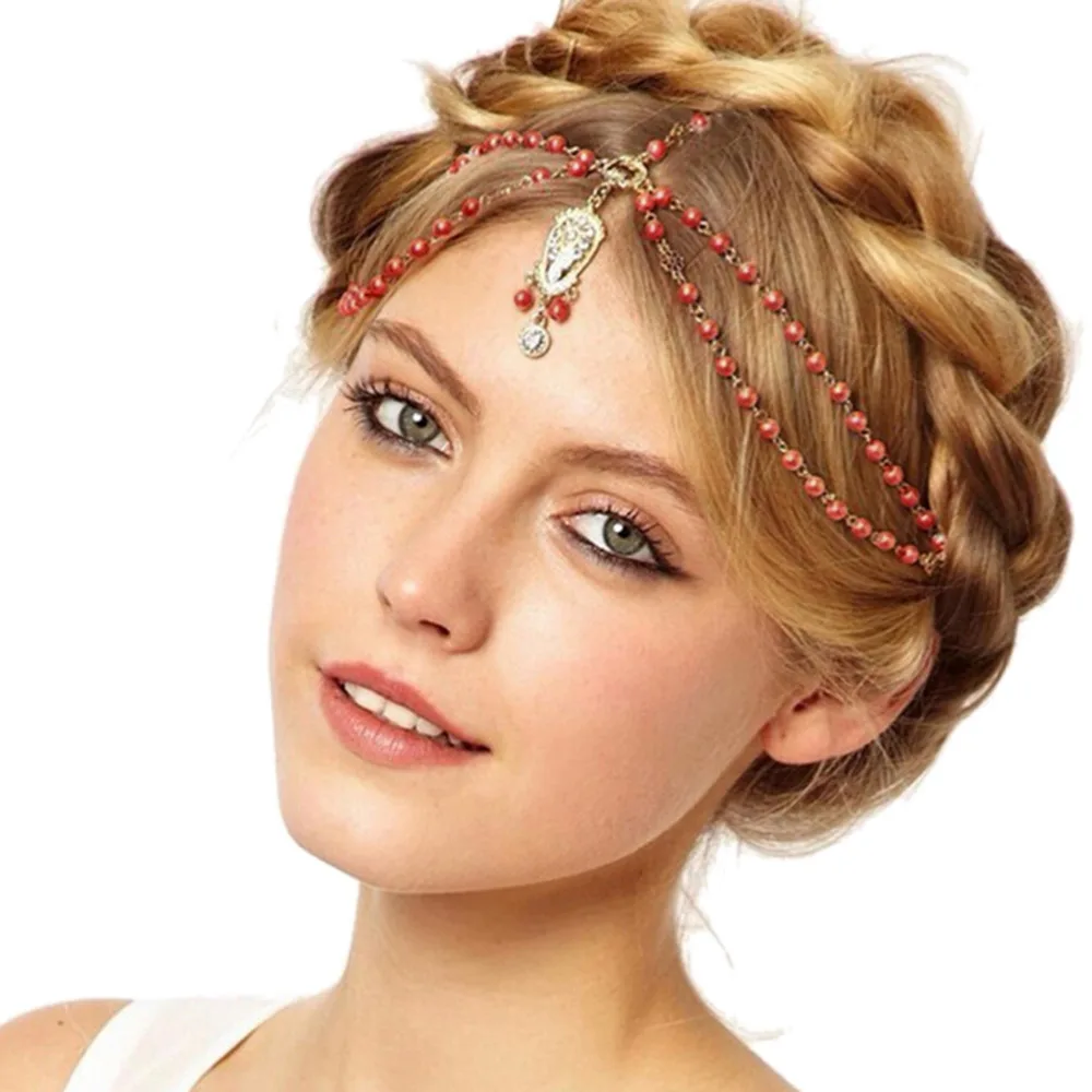 

Head Dress Headbands 1Pcs Fashion Indian Boho White/red Beaded Head Piece Hair Decor Hair Band Women Head Chain Hair Jewelry