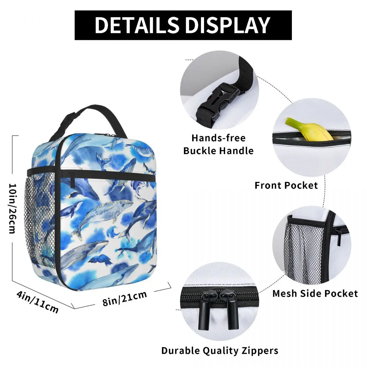 

Blue And White Whale Lunch Bag for Women Men Large Insulated Lunch Box with Water Bottle Holder and Pockets