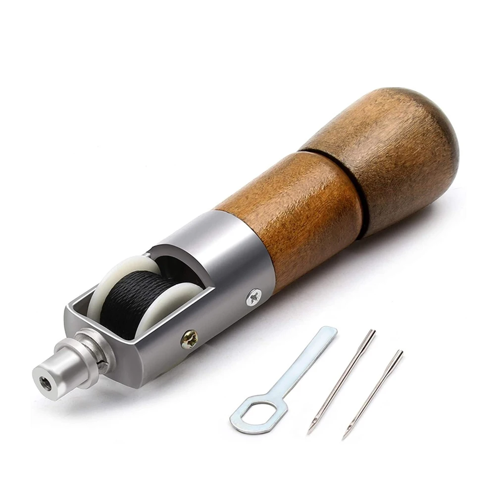 

Leather Sewing Kit with 2 Needles Manual Stitcher with Wooden Handle Awl Needle Tool DIY Accessory for Cloth TT-best