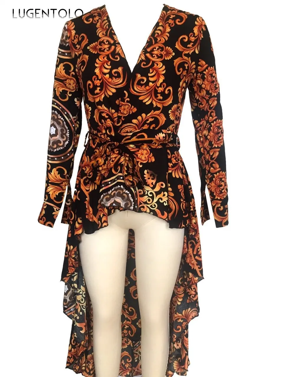 

Lugentolo Women T-shirt Autumn Casual Top Deep V-neck Irregular Long Hem Print Tops High Waist Tshirt Female Fashion T-shirts