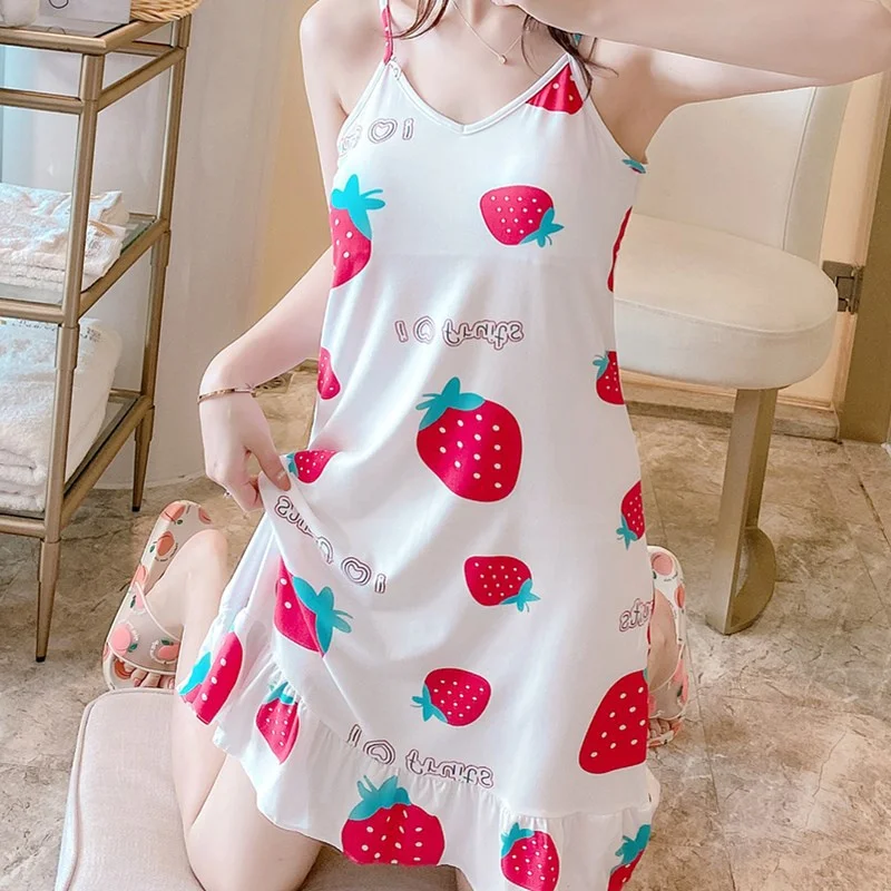 

Summer Women's Suspender Sweet And Lovely Strawberry Design Nightdress Women's Large Size Women's Lengthened Home Clothes