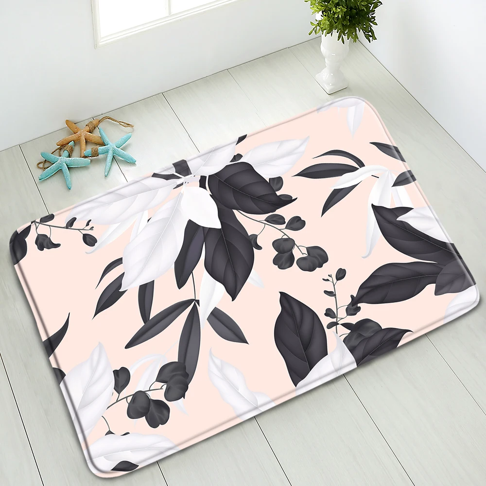 

Green Leaves Plant Floor Mat Bathroom Carpet Non-Slip Kitchen Living Room Bedroom Doorway Flannel Water Absorption Pad Washable