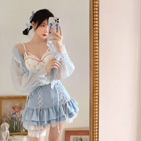 Japanese Kawaii Mini Skirt Women Summer Casual Designer Elegant Lolita Sexy Skirt High Waist Lace Bandage Y2k Sweet Skirt 2022