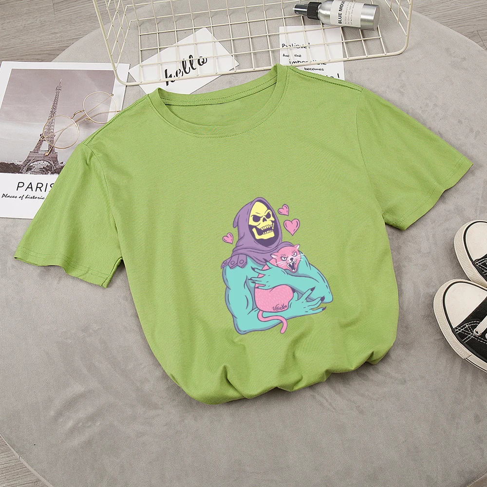 Cute Skull Cat T-Shirt Unisex Aesthetic Grunge Black Tee Gothic Clothing Witch Shirt Womens Short Sleeve Harajuku Chic T Shirts | Женская