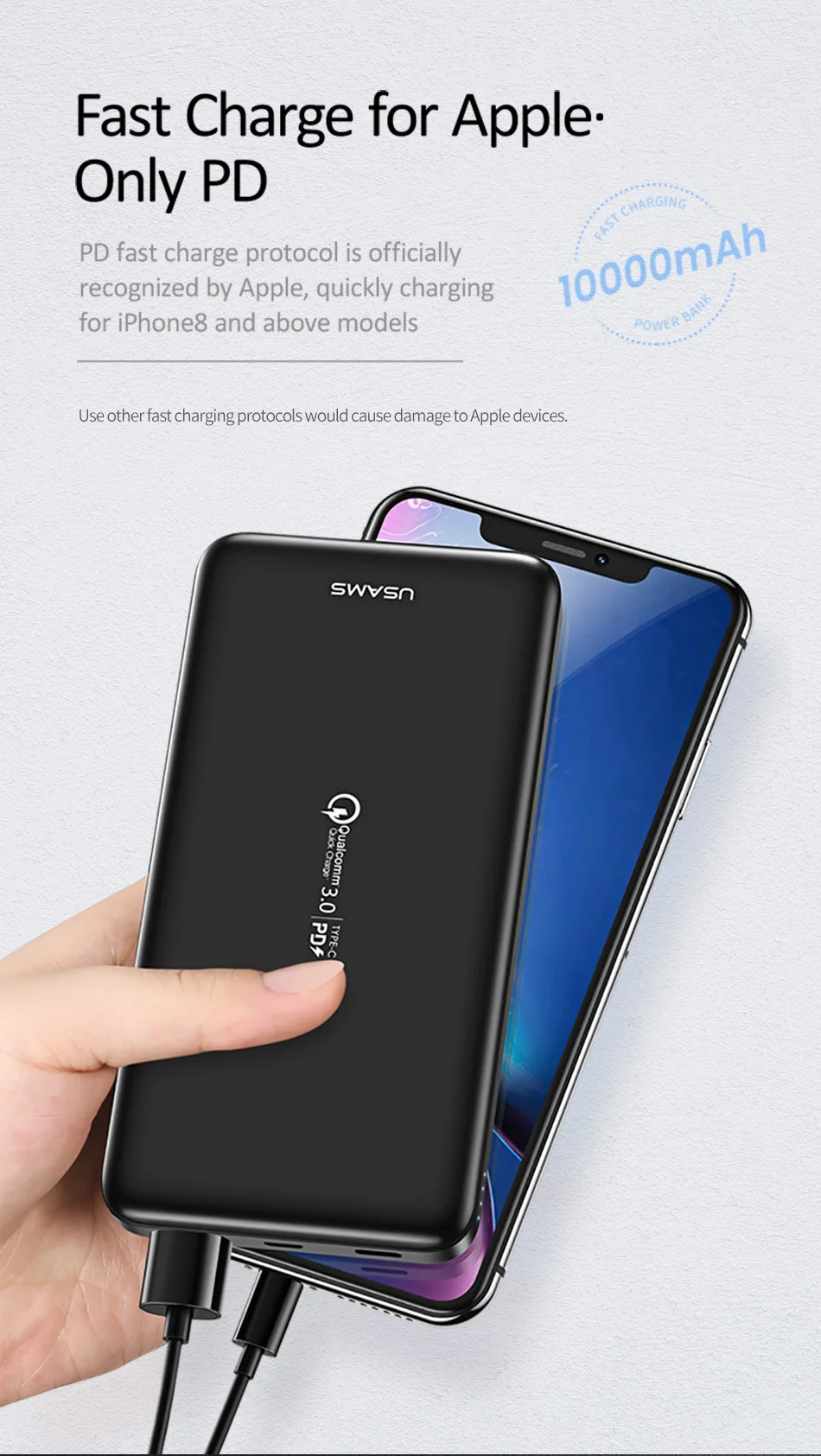 Quick charge power Bank, USAMS 10000 мАч PD Быстрая зарядка power Bank QC 3,0 power Bank type C USB зарядное устройство для iPhone Xiaomi 9 samsung