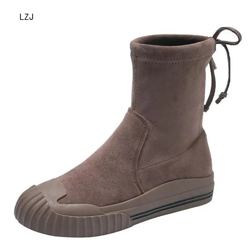 Женские Классические ботильоны из флока черные ботинки-мартинсы на толстом