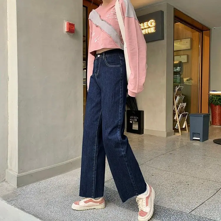 

Retro High Waisted jeans women's spring and autumn Korean version SLIM STRAIGHT pants age reducing versatile pants dark curled