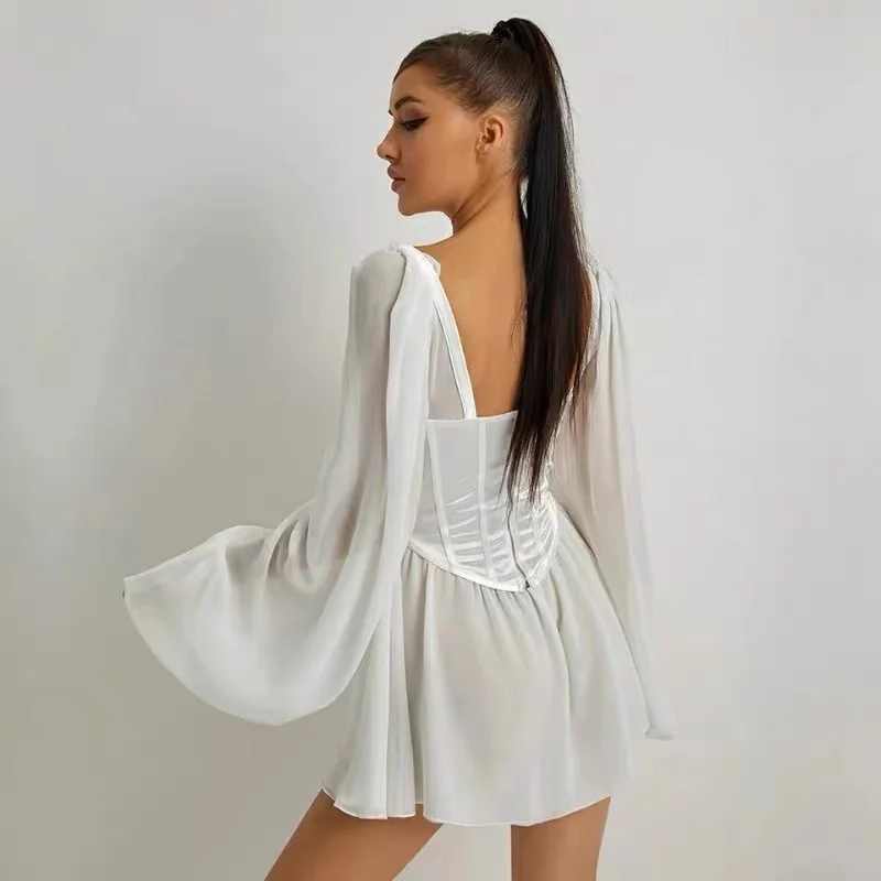 

Women Dress Female Lantern Sleeve Y2K Corset Chiffon Dresses Beach Vacation Outfit Sexy Party Mini White Dress Summer