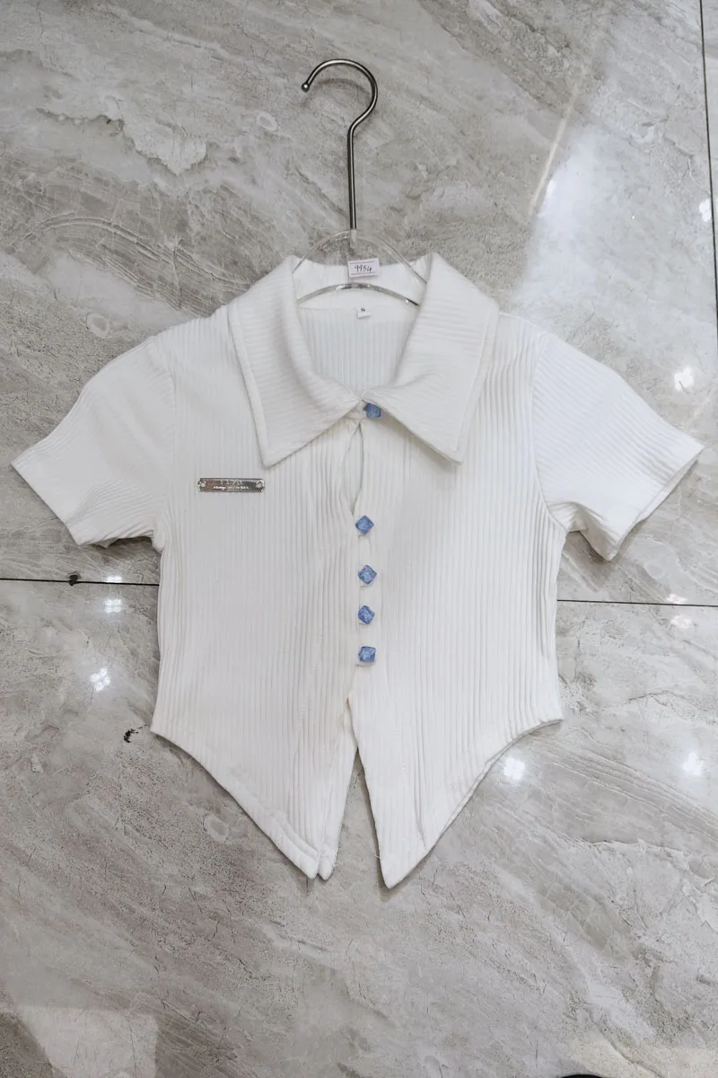 

Polo Collar Hollow Irregular Short Sleeved T Shirt 21 Summer Pure Color Slimming Knitted Top Lady Black White Oversized T Shirt