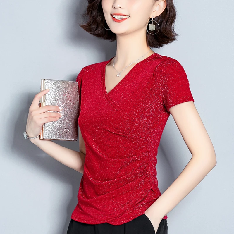 Модная однотонная блузка с коротким рукавом женские летние блузки 2019 v образным
