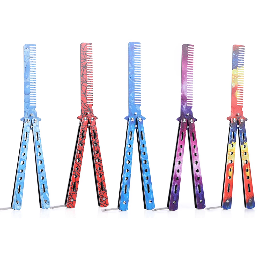 

Складной нож-бабочка расческа из нержавеющей стали тренировочная расческа для бороды и усов Расческа для стрижки волос уличный инструмент ...