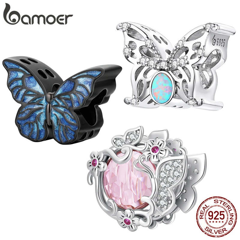 

BAMOER Pink Beautiful Butterfly Bead Crystal 925 Sterling Silver Blue Opal Butterfly Charm for Bracelet Women DIY Jewelry Making