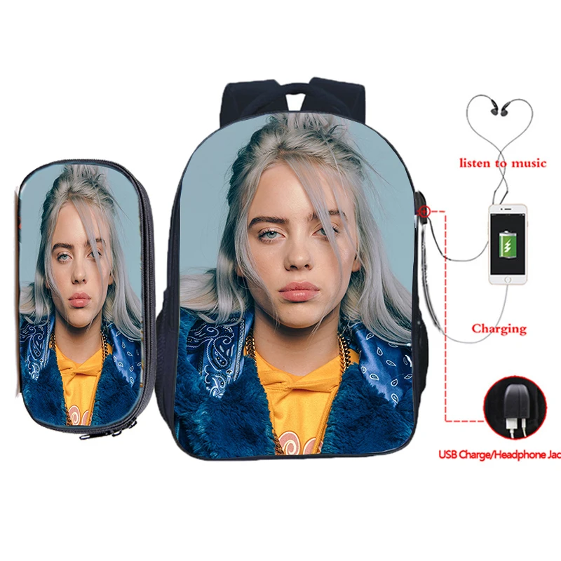 12 Billie Eilish рюкзак для зарядки через usb 2 шт./компл. школьная сумка для подростков мальчиков и девочек рюкзак для ноутбука пенал Дорожная сумка на плечо - Цвет: 12